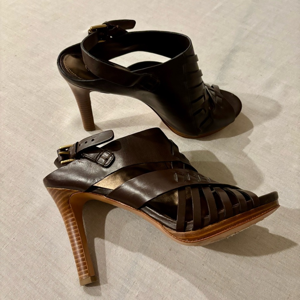 Coach Bessy Brown Leather Platform Heel Sandals Size 9.5B | A3199 - Picture 2 of 10